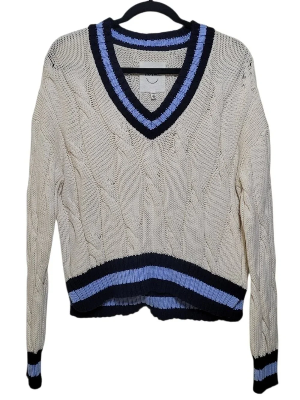 Aerie Striped V Neck Cable Knit Tennis Sweater Ivory Blue XSmall Preppy FLAW